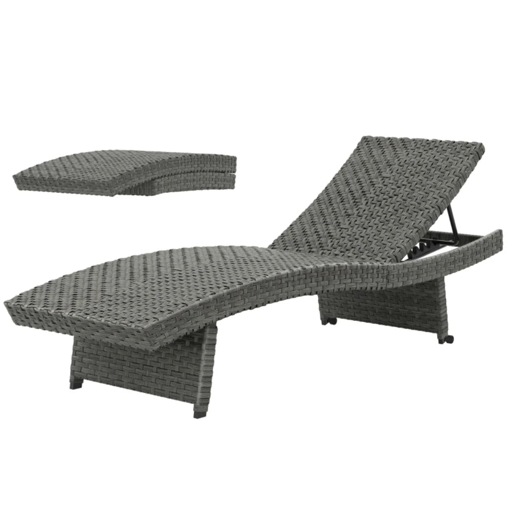 Outsunny Outdoor PE Rattan Sun Lounger, Folding Wicker Garden Lounger Recliner with 4-Level Adjustable Backrest, Rolling Sunbed Lounge Chair with Wheels, Non-Slip Legs for Balcony, Beach