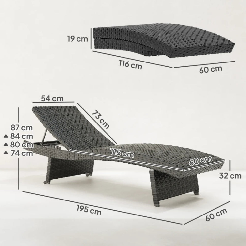 Outsunny Outdoor PE Rattan Sun Lounger, Folding Wicker Garden Lounger Recliner with 4-Level Adjustable Backrest, Rolling Sunbed Lounge Chair with Wheels, Non-Slip Legs for Balcony, Beach