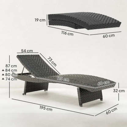 Outsunny Outdoor PE Rattan Sun Lounger, Folding Wicker Garden Lounger Recliner with 4-Level Adjustable Backrest, Rolling Sunbed Lounge Chair with Wheels, Non-Slip Legs for Balcony, Beach