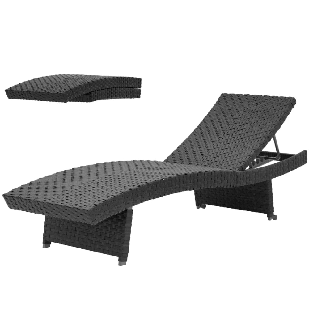 Outsunny Outdoor PE Rattan Sun Lounger, Folding Wicker Garden Lounger Recliner with 4-Level Adjustable Backrest, Rolling Sunbed Lounge Chair with Wheels, Non-Slip Legs for Balcony, Beach