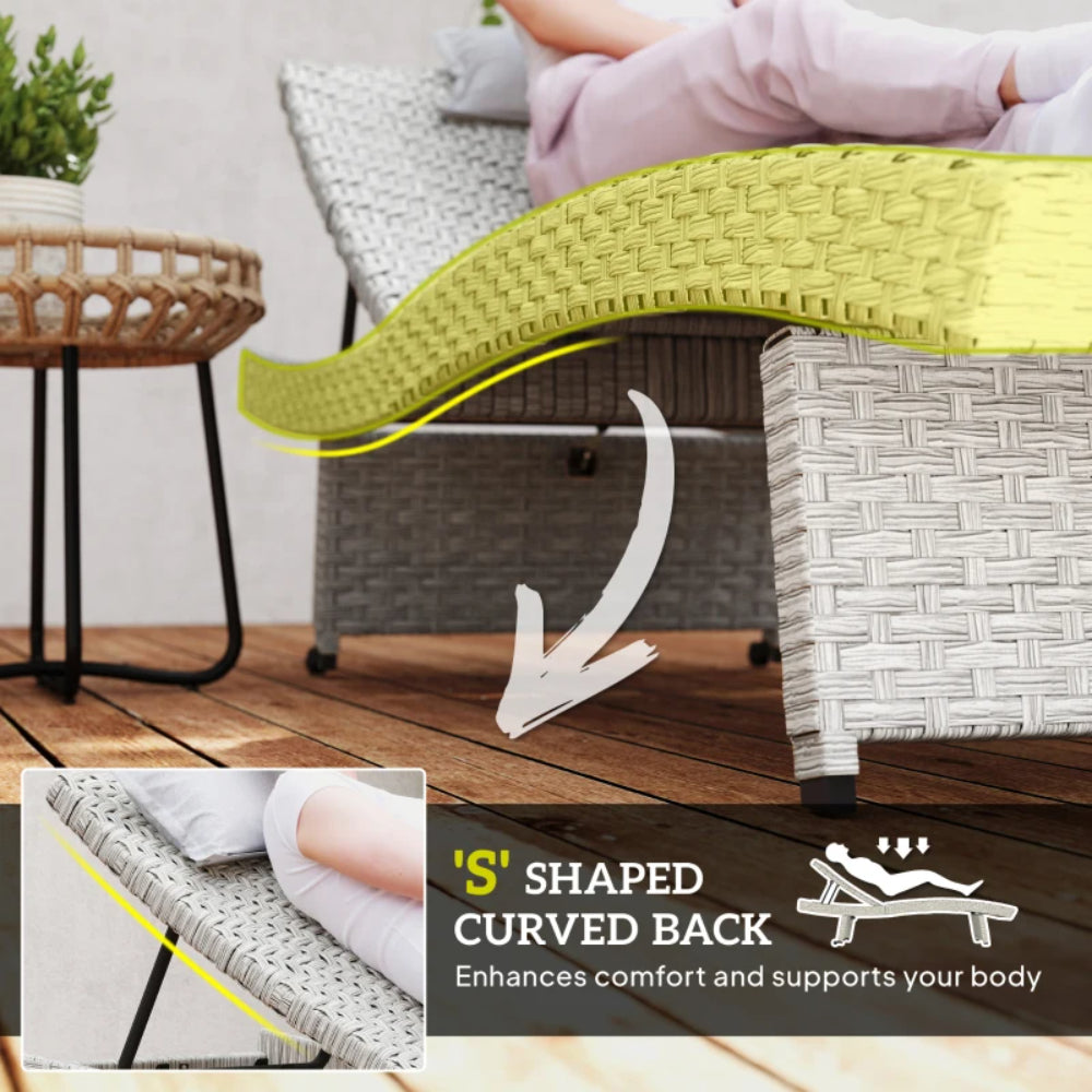 Outsunny Outdoor PE Rattan Sun Lounger, Folding Wicker Garden Lounger Recliner with 4-Level Adjustable Backrest, Rolling Sunbed Lounge Chair with Wheels, Non-Slip Legs for Balcony, Beach