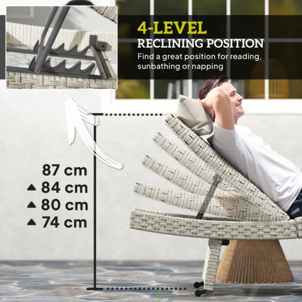 Outsunny Outdoor PE Rattan Sun Lounger, Folding Wicker Garden Lounger Recliner with 4-Level Adjustable Backrest, Rolling Sunbed Lounge Chair with Wheels, Non-Slip Legs for Balcony, Beach