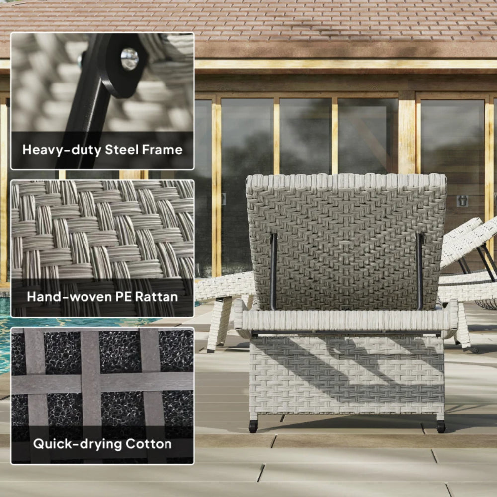Outsunny Outdoor PE Rattan Sun Lounger, Folding Wicker Garden Lounger Recliner with 4-Level Adjustable Backrest, Rolling Sunbed Lounge Chair with Wheels, Non-Slip Legs for Balcony, Beach