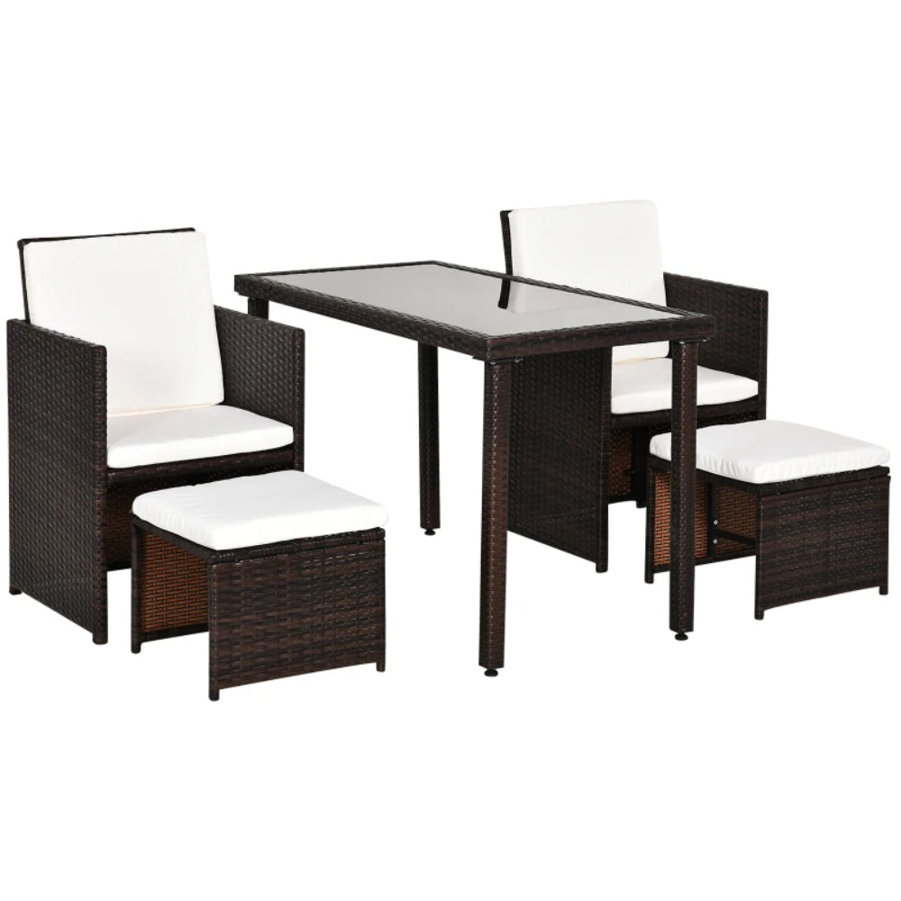 Outsunny 2 Seater Rattan Cube Garden Furniture Set, Rattan Dining Set with Cushions, Outdoor Dining Table and Chairs with 2 Armchairs, 2 Stools, Rectangular Glass Top Table for Patio, Balcony, Brown