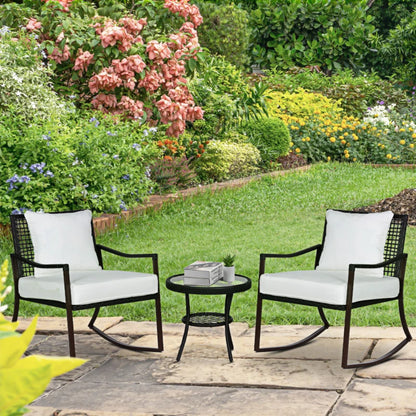 Outsunny Rattan Bistro Set, 3 Pieces Wicker Garden Furniture Set with Rocking Chairs and Round Glass Top Coffee Table, Small Balcony Furniture with Cushions for Outdoor, Porch, Brown