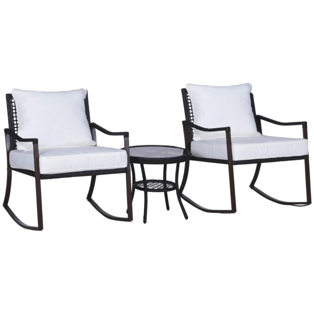 Outsunny Rattan Bistro Set, 3 Pieces Wicker Garden Furniture Set with Rocking Chairs and Round Glass Top Coffee Table, Small Balcony Furniture with Cushions for Outdoor, Porch, Brown