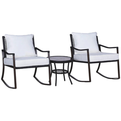 Outsunny Rattan Bistro Set, 3 Pieces Wicker Garden Furniture Set with Rocking Chairs and Round Glass Top Coffee Table, Small Balcony Furniture with Cushions for Outdoor, Porch, Brown