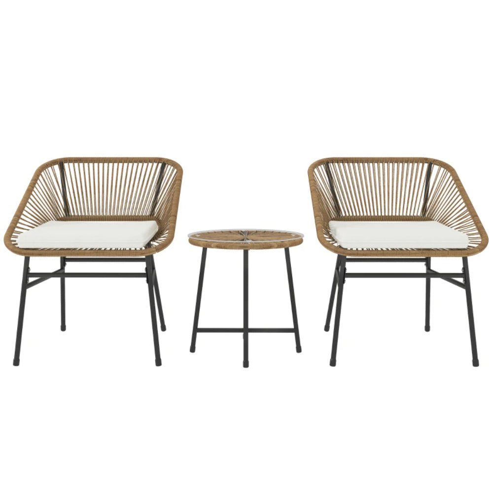 Outsunny 3 Pieces Rattan Bistro Set, Wicker Small Garden Table and Chairs Set with Cushions and Glass Top Coffee Table, Bistro Garden Furniture Set for Outdoor, Patio, Balcony