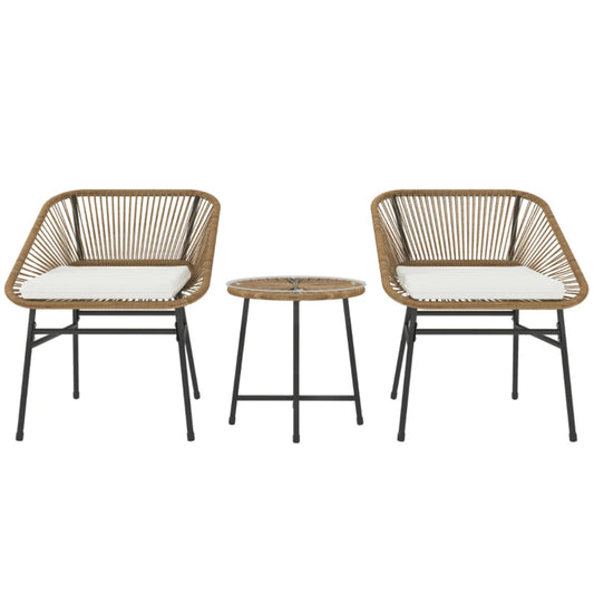 Outsunny 3 Pieces Rattan Bistro Set, Wicker Small Garden Table and Chairs Set with Cushions and Glass Top Coffee Table, Bistro Garden Furniture Set for Outdoor, Patio, Balcony