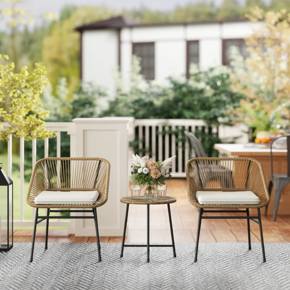 Outsunny 3 Pieces Rattan Bistro Set, Wicker Small Garden Table and Chairs Set with Cushions and Glass Top Coffee Table, Bistro Garden Furniture Set for Outdoor, Patio, Balcony
