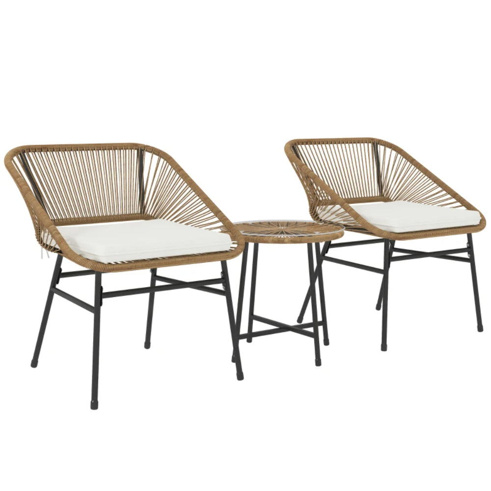 Outsunny 3 Pieces Rattan Bistro Set, Wicker Small Garden Table and Chairs Set with Cushions and Glass Top Coffee Table, Bistro Garden Furniture Set for Outdoor, Patio, Balcony