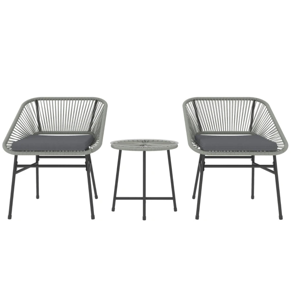 Outsunny 3 Pieces Rattan Bistro Set, Wicker Small Garden Table and Chairs Set with Cushions and Glass Top Coffee Table, Bistro Garden Furniture Set for Outdoor, Patio, Balcony