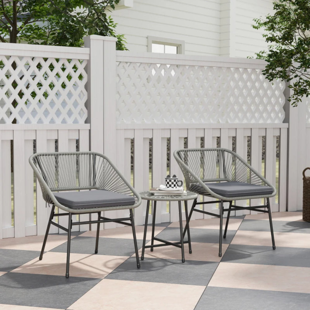 Outsunny 3 Pieces Rattan Bistro Set, Wicker Small Garden Table and Chairs Set with Cushions and Glass Top Coffee Table, Bistro Garden Furniture Set for Outdoor, Patio, Balcony