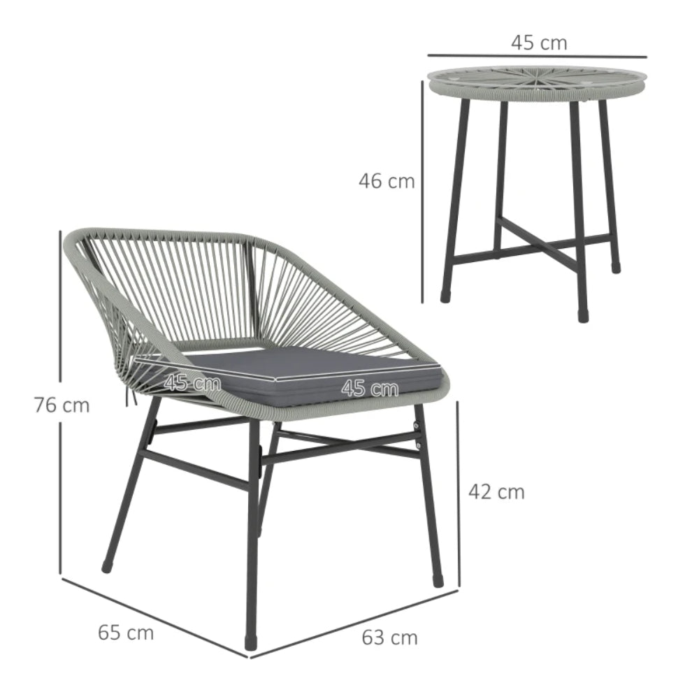 Outsunny 3 Pieces Rattan Bistro Set, Wicker Small Garden Table and Chairs Set with Cushions and Glass Top Coffee Table, Bistro Garden Furniture Set for Outdoor, Patio, Balcony
