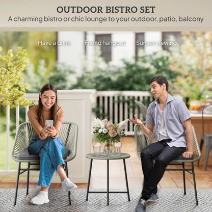 Outsunny 3 Pieces Rattan Bistro Set, Wicker Small Garden Table and Chairs Set with Cushions and Glass Top Coffee Table, Bistro Garden Furniture Set for Outdoor, Patio, Balcony