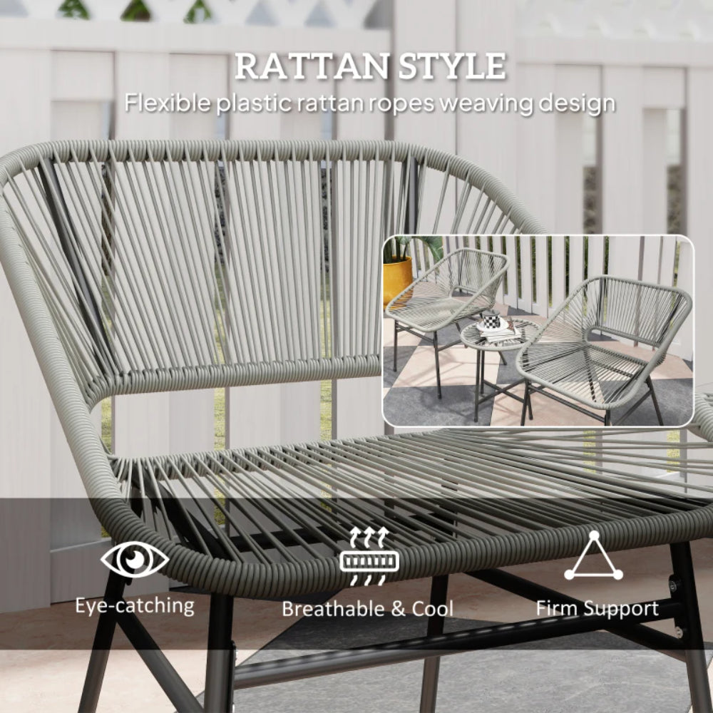 Outsunny 3 Pieces Rattan Bistro Set, Wicker Small Garden Table and Chairs Set with Cushions and Glass Top Coffee Table, Bistro Garden Furniture Set for Outdoor, Patio, Balcony
