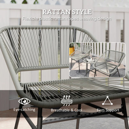 Outsunny 3 Pieces Rattan Bistro Set, Wicker Small Garden Table and Chairs Set with Cushions and Glass Top Coffee Table, Bistro Garden Furniture Set for Outdoor, Patio, Balcony