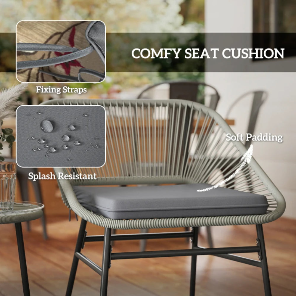 Outsunny 3 Pieces Rattan Bistro Set, Wicker Small Garden Table and Chairs Set with Cushions and Glass Top Coffee Table, Bistro Garden Furniture Set for Outdoor, Patio, Balcony