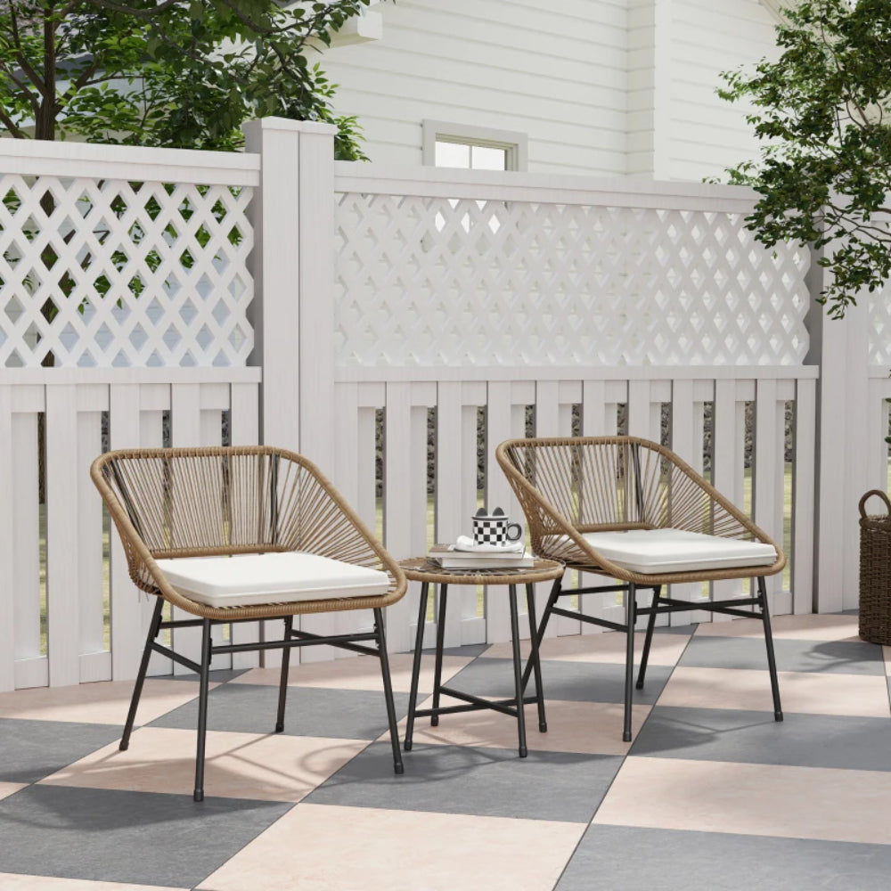 Outsunny 3 Pieces Rattan Bistro Set, Wicker Small Garden Table and Chairs Set with Cushions and Glass Top Coffee Table, Bistro Garden Furniture Set for Outdoor, Patio, Balcony