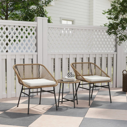 Outsunny 3 Pieces Rattan Bistro Set, Wicker Small Garden Table and Chairs Set with Cushions and Glass Top Coffee Table, Bistro Garden Furniture Set for Outdoor, Patio, Balcony