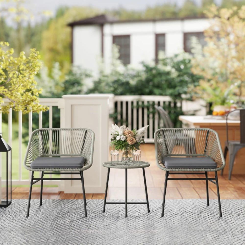 Outsunny 3 Pieces Rattan Bistro Set, Wicker Small Garden Table and Chairs Set with Cushions and Glass Top Coffee Table, Bistro Garden Furniture Set for Outdoor, Patio, Balcony