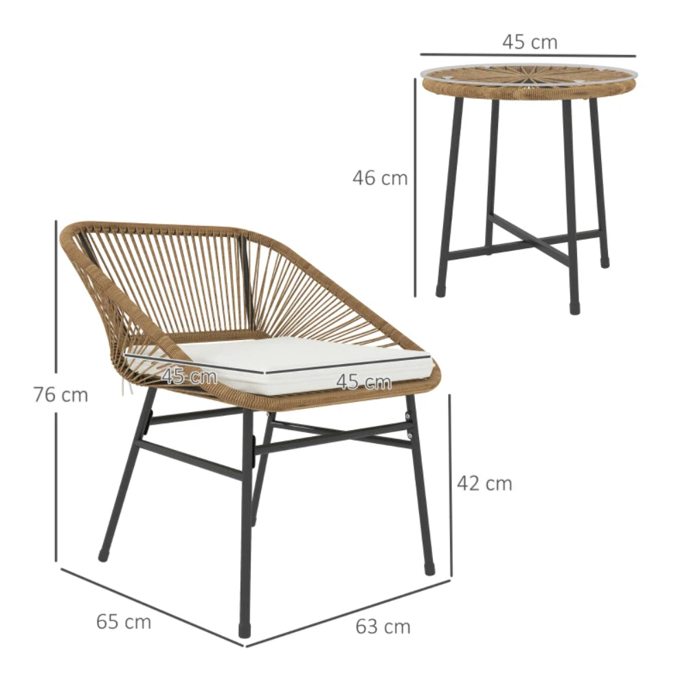 Outsunny 3 Pieces Rattan Bistro Set, Wicker Small Garden Table and Chairs Set with Cushions and Glass Top Coffee Table, Bistro Garden Furniture Set for Outdoor, Patio, Balcony