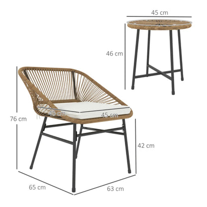 Outsunny 3 Pieces Rattan Bistro Set, Wicker Small Garden Table and Chairs Set with Cushions and Glass Top Coffee Table, Bistro Garden Furniture Set for Outdoor, Patio, Balcony