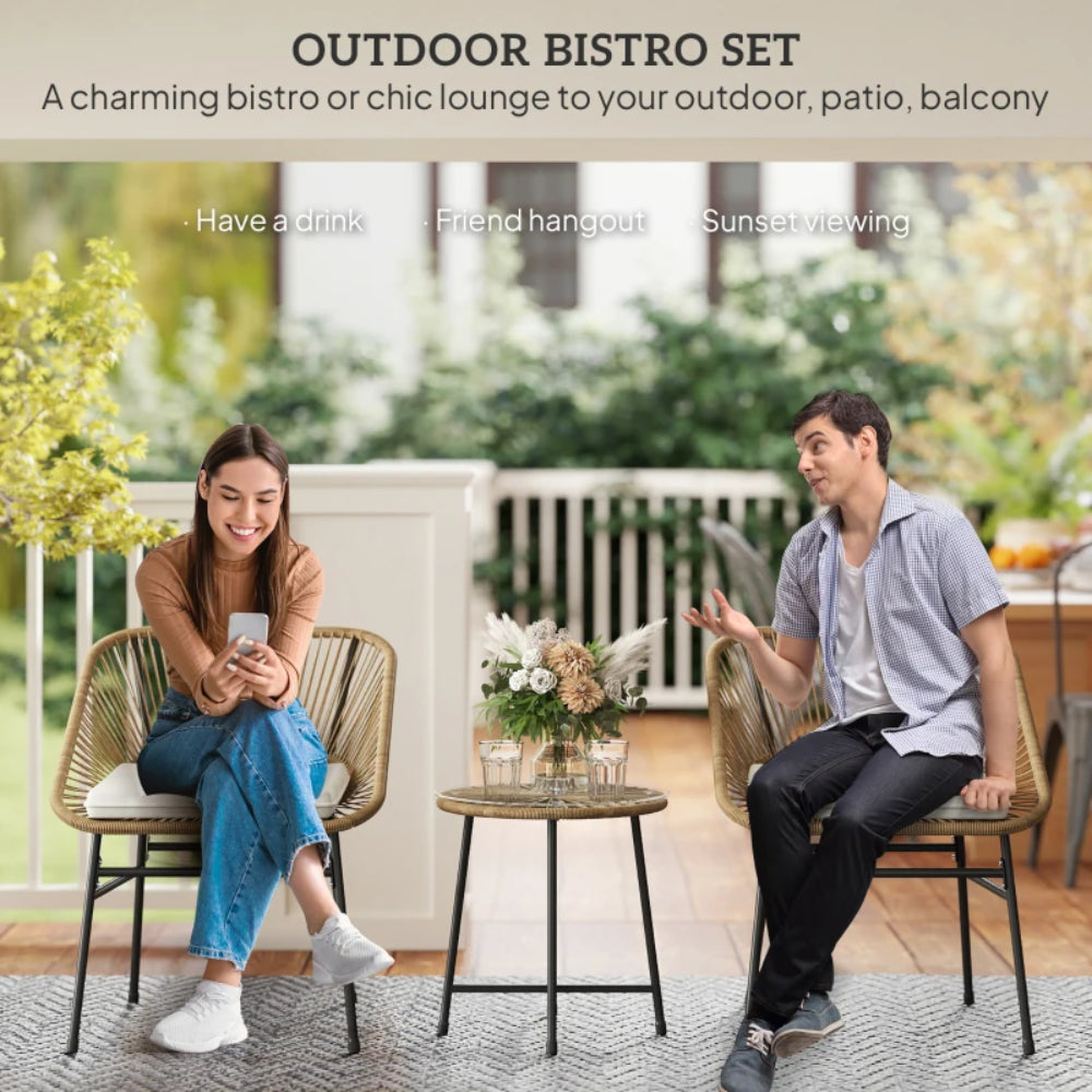Outsunny 3 Pieces Rattan Bistro Set, Wicker Small Garden Table and Chairs Set with Cushions and Glass Top Coffee Table, Bistro Garden Furniture Set for Outdoor, Patio, Balcony