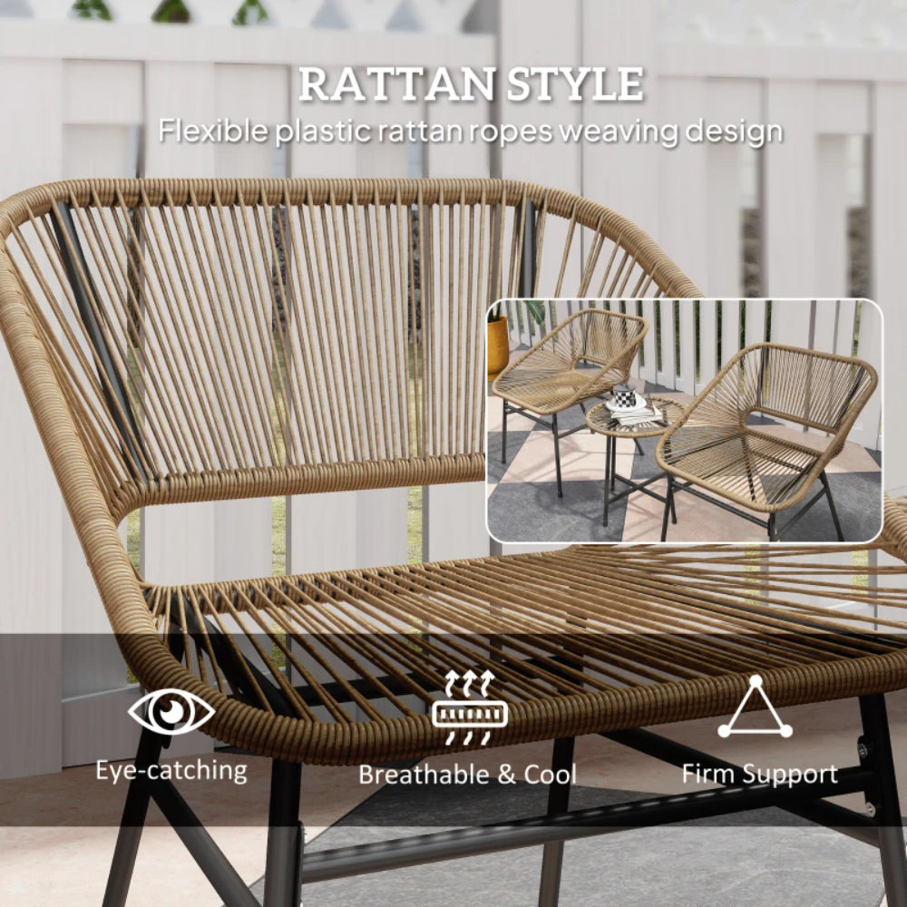 Outsunny 3 Pieces Rattan Bistro Set, Wicker Small Garden Table and Chairs Set with Cushions and Glass Top Coffee Table, Bistro Garden Furniture Set for Outdoor, Patio, Balcony