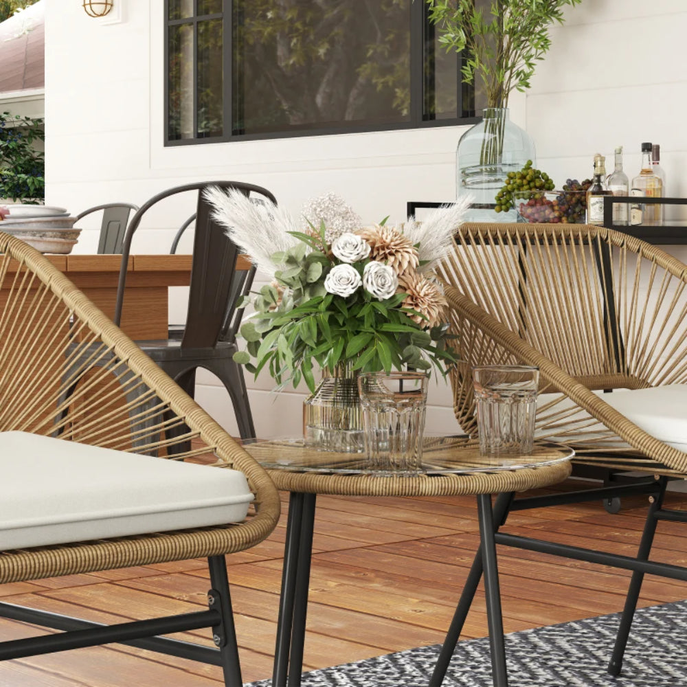 Outsunny 3 Pieces Rattan Bistro Set, Wicker Small Garden Table and Chairs Set with Cushions and Glass Top Coffee Table, Bistro Garden Furniture Set for Outdoor, Patio, Balcony