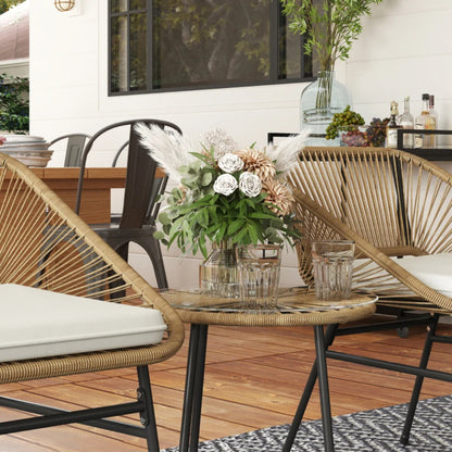 Outsunny 3 Pieces Rattan Bistro Set, Wicker Small Garden Table and Chairs Set with Cushions and Glass Top Coffee Table, Bistro Garden Furniture Set for Outdoor, Patio, Balcony