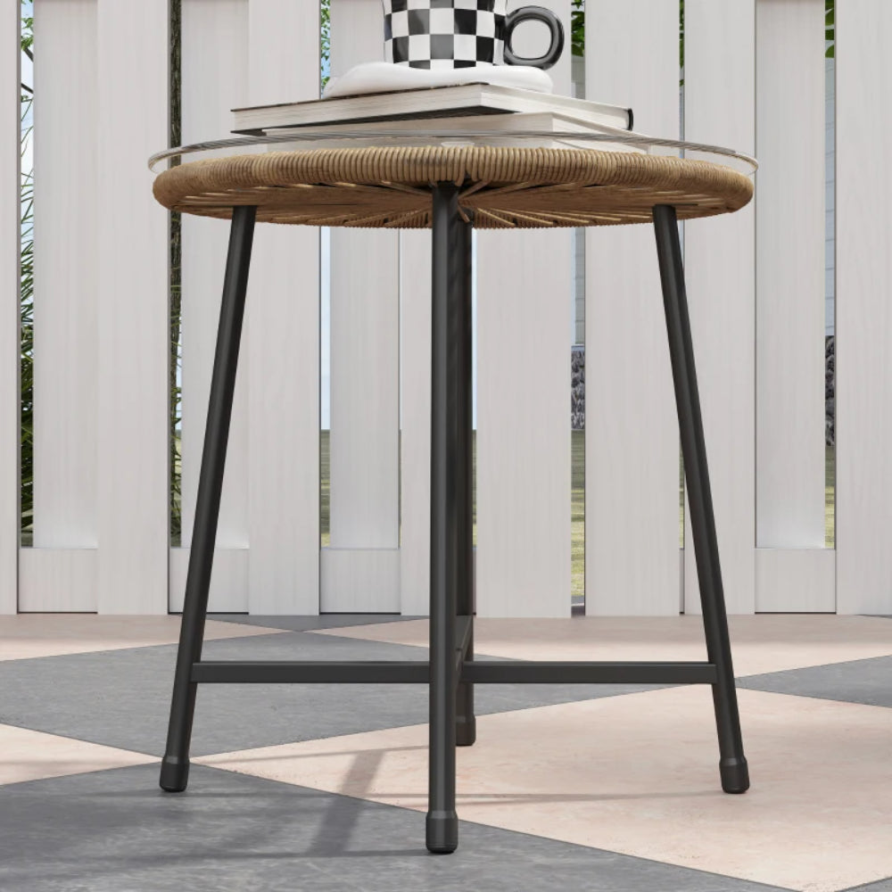 Outsunny 3 Pieces Rattan Bistro Set, Wicker Small Garden Table and Chairs Set with Cushions and Glass Top Coffee Table, Bistro Garden Furniture Set for Outdoor, Patio, Balcony