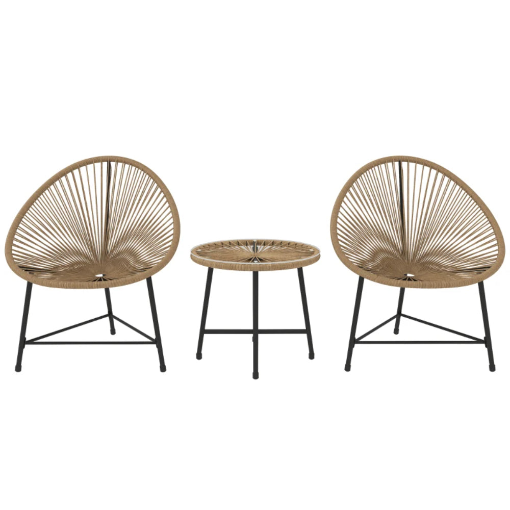 Outsunny 3 Pieces Rattan Bistro Set, Garden Bistro Set with Acapulco Chairs and Glass Top Table, Small Garden Furniture Set with Reinforced Metal Frame for Outdoor, Patio, Balcony