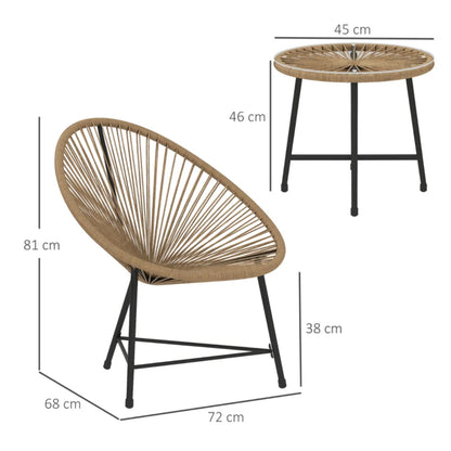 Outsunny 3 Pieces Rattan Bistro Set, Garden Bistro Set with Acapulco Chairs and Glass Top Table, Small Garden Furniture Set with Reinforced Metal Frame for Outdoor, Patio, Balcony