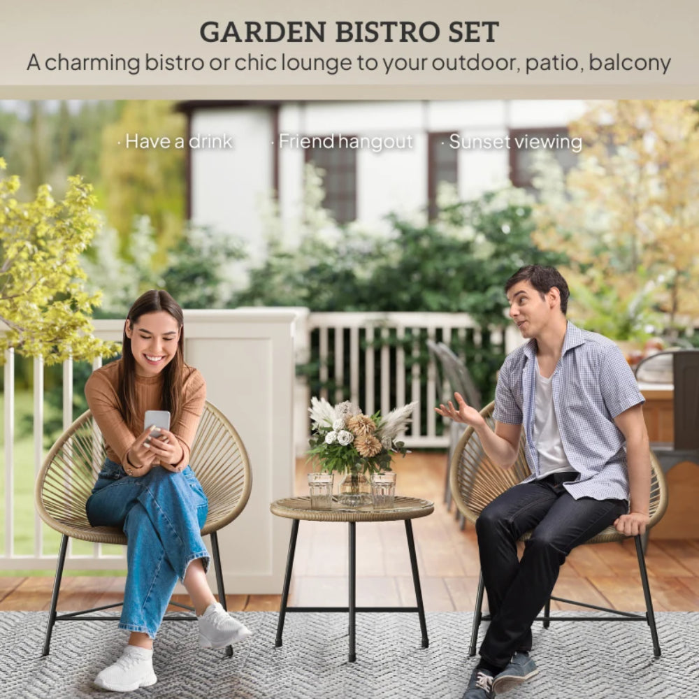 Outsunny 3 Pieces Rattan Bistro Set, Garden Bistro Set with Acapulco Chairs and Glass Top Table, Small Garden Furniture Set with Reinforced Metal Frame for Outdoor, Patio, Balcony