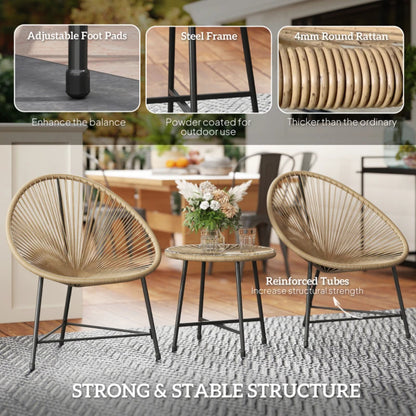 Outsunny 3 Pieces Rattan Bistro Set, Garden Bistro Set with Acapulco Chairs and Glass Top Table, Small Garden Furniture Set with Reinforced Metal Frame for Outdoor, Patio, Balcony