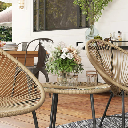 Outsunny 3 Pieces Rattan Bistro Set, Garden Bistro Set with Acapulco Chairs and Glass Top Table, Small Garden Furniture Set with Reinforced Metal Frame for Outdoor, Patio, Balcony