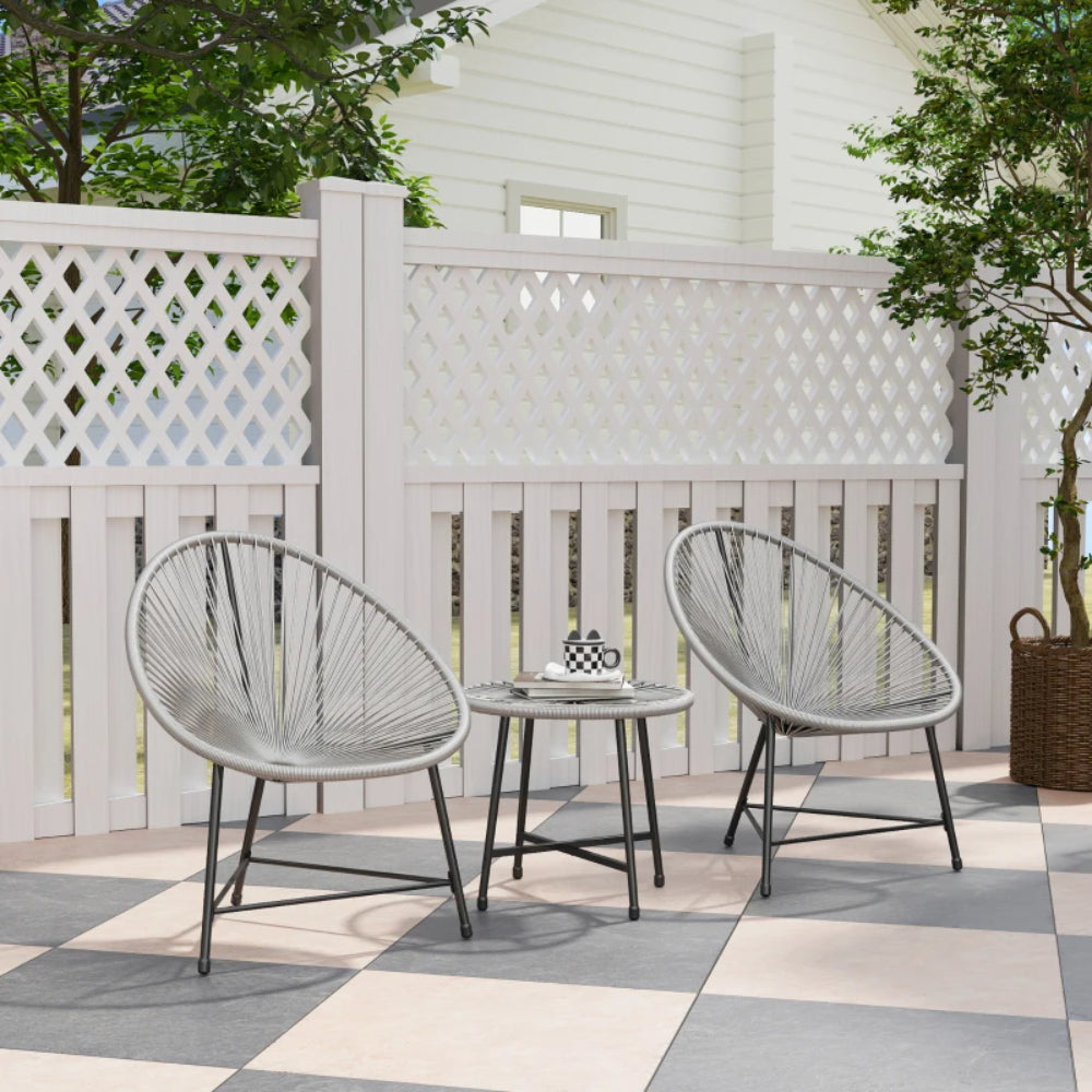 Outsunny 3 Pieces Rattan Bistro Set, Garden Bistro Set with Acapulco Chairs and Glass Top Table, Small Garden Furniture Set with Reinforced Metal Frame for Outdoor, Patio, Balcony