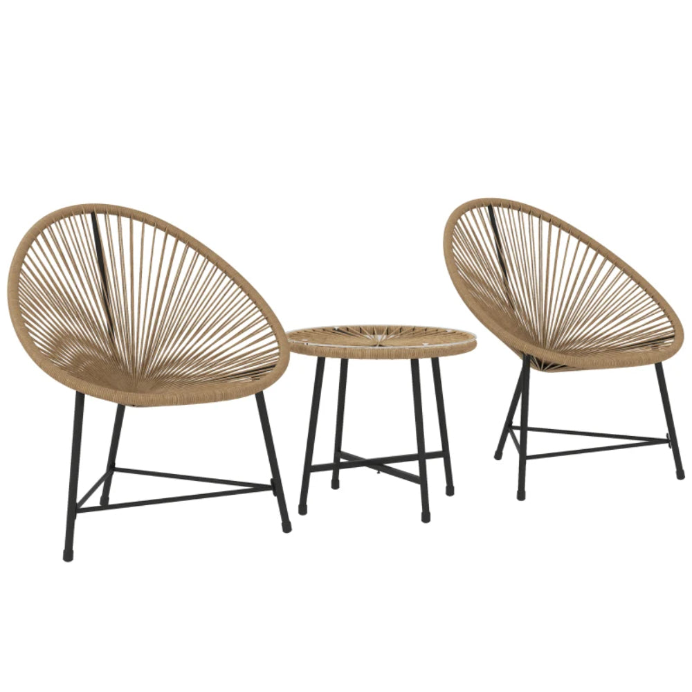 Outsunny 3 Pieces Rattan Bistro Set, Garden Bistro Set with Acapulco Chairs and Glass Top Table, Small Garden Furniture Set with Reinforced Metal Frame for Outdoor, Patio, Balcony