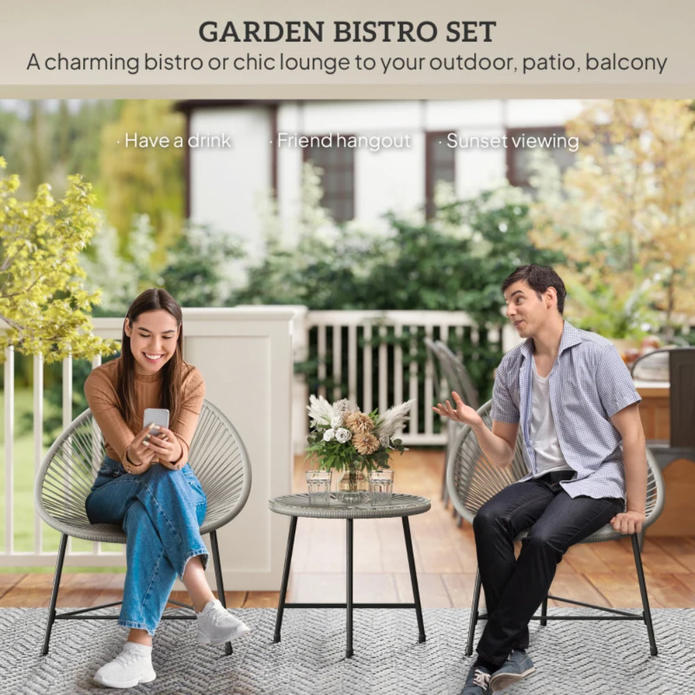 Outsunny 3 Pieces Rattan Bistro Set, Garden Bistro Set with Acapulco Chairs and Glass Top Table, Small Garden Furniture Set with Reinforced Metal Frame for Outdoor, Patio, Balcony