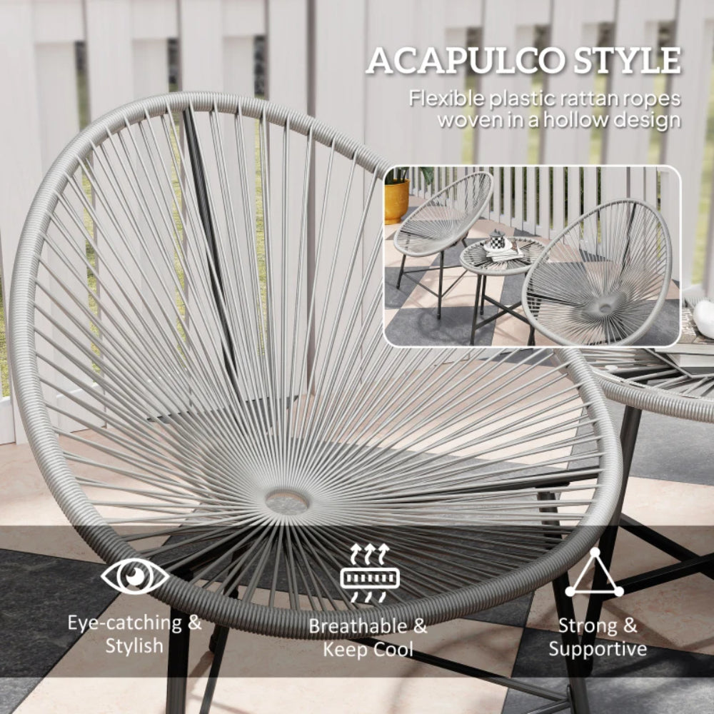 Outsunny 3 Pieces Rattan Bistro Set, Garden Bistro Set with Acapulco Chairs and Glass Top Table, Small Garden Furniture Set with Reinforced Metal Frame for Outdoor, Patio, Balcony