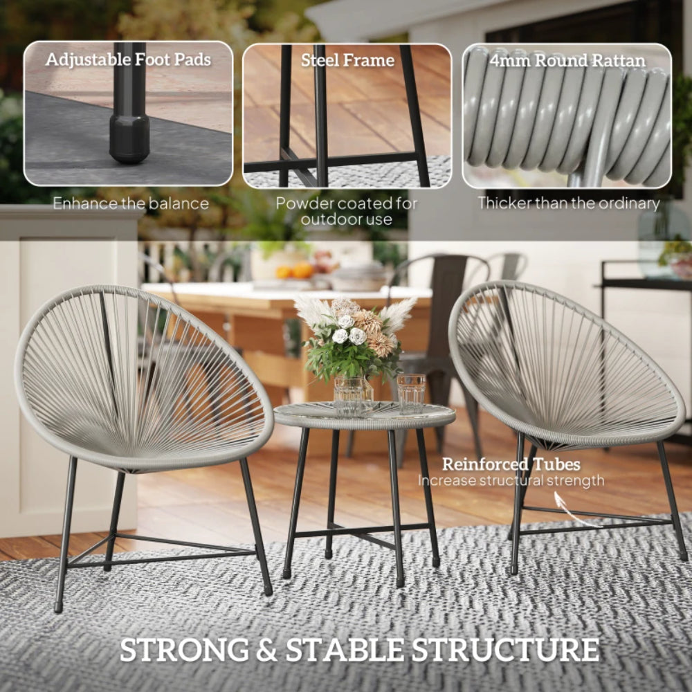 Outsunny 3 Pieces Rattan Bistro Set, Garden Bistro Set with Acapulco Chairs and Glass Top Table, Small Garden Furniture Set with Reinforced Metal Frame for Outdoor, Patio, Balcony