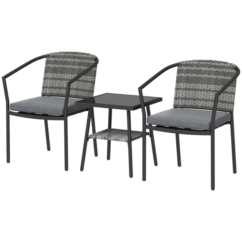 Outsunny 3 Pieces Rattan Bistro Set with Cushions, Wicker Garden Furniture Set, Glass Top Coffee Table and Chairs for Outdoor Patio, Balcony, Terrace and Conservatory, Grey