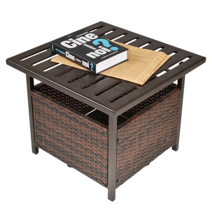 Outsunny Rattan Garden Coffee Table, 55.5 cm Square Wicker Patio Side Coffee Table with 4 cm Umbrella Hole, Metal Bottom and Slatted Top for Outdoor, Balcony, Brown