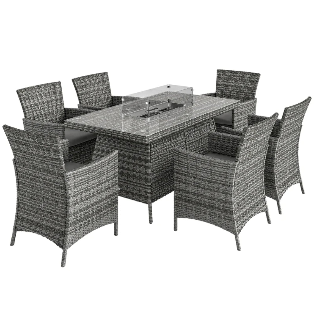 Outsunny 7 Pieces Outdoor Rattan Garden Furniture with Fire Pit Table, 6 Seater Garden Table and Chairs with Cushions, Rattan Dining Set with Propane Heater Table, Windscreen, 50,000 BTU