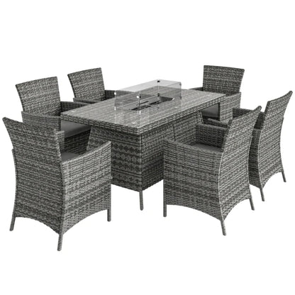 Outsunny 7 Pieces Outdoor Rattan Garden Furniture with Fire Pit Table, 6 Seater Garden Table and Chairs with Cushions, Rattan Dining Set with Propane Heater Table, Windscreen, 50,000 BTU
