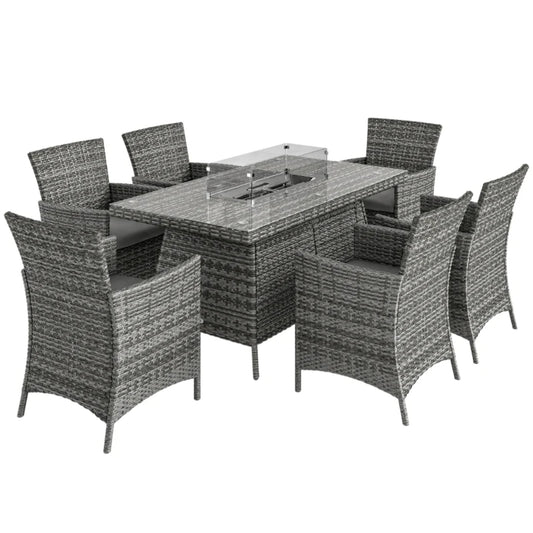 Outsunny 7 Pieces Outdoor Rattan Garden Furniture with Fire Pit Table, 6 Seater Garden Table and Chairs with Cushions, Rattan Dining Set with Propane Heater Table, Windscreen, 50,000 BTU