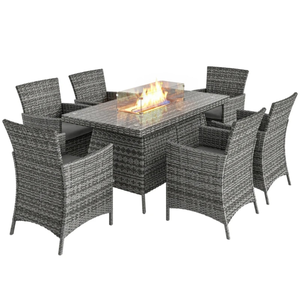 Outsunny 7 Pieces Outdoor Rattan Garden Furniture with Fire Pit Table, 6 Seater Garden Table and Chairs with Cushions, Rattan Dining Set with Propane Heater Table, Windscreen, 50,000 BTU