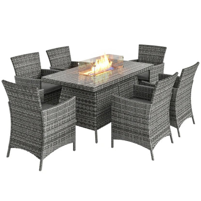 Outsunny 7 Pieces Outdoor Rattan Garden Furniture with Fire Pit Table, 6 Seater Garden Table and Chairs with Cushions, Rattan Dining Set with Propane Heater Table, Windscreen, 50,000 BTU