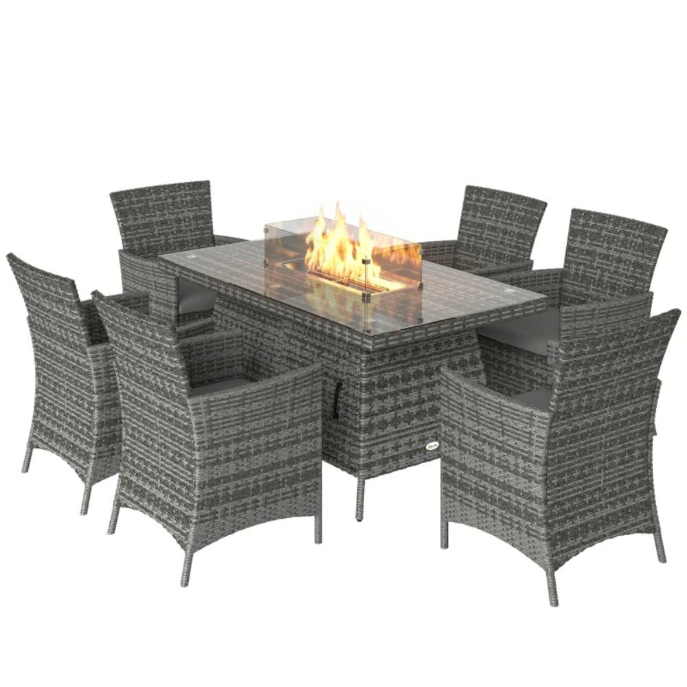 Outsunny 7 Pieces Outdoor Rattan Garden Furniture with Fire Pit Table, 6 Seater Garden Table and Chairs with Cushions, Rattan Dining Set with Propane Heater Table, Windscreen, 50,000 BTU
